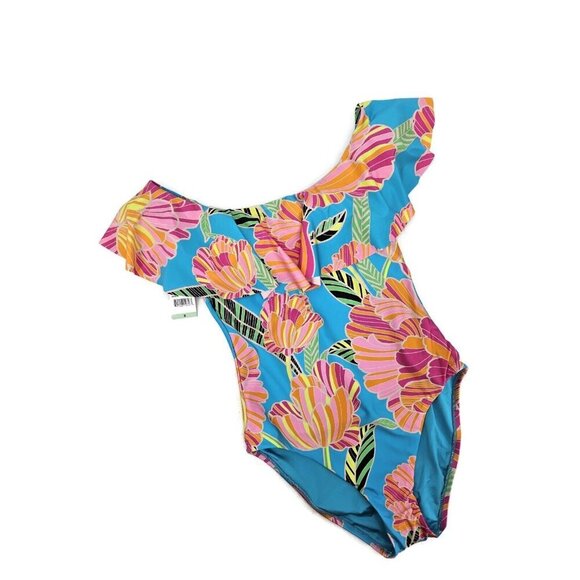 New Trina Turk Poppy Off Shoulder Swimsuit Womens 8 Ruffle One Piece Floral - Picture 2 of 9